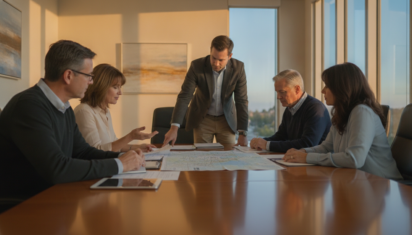 HOA board meeting with a Progressive community manager reviewing a community site map