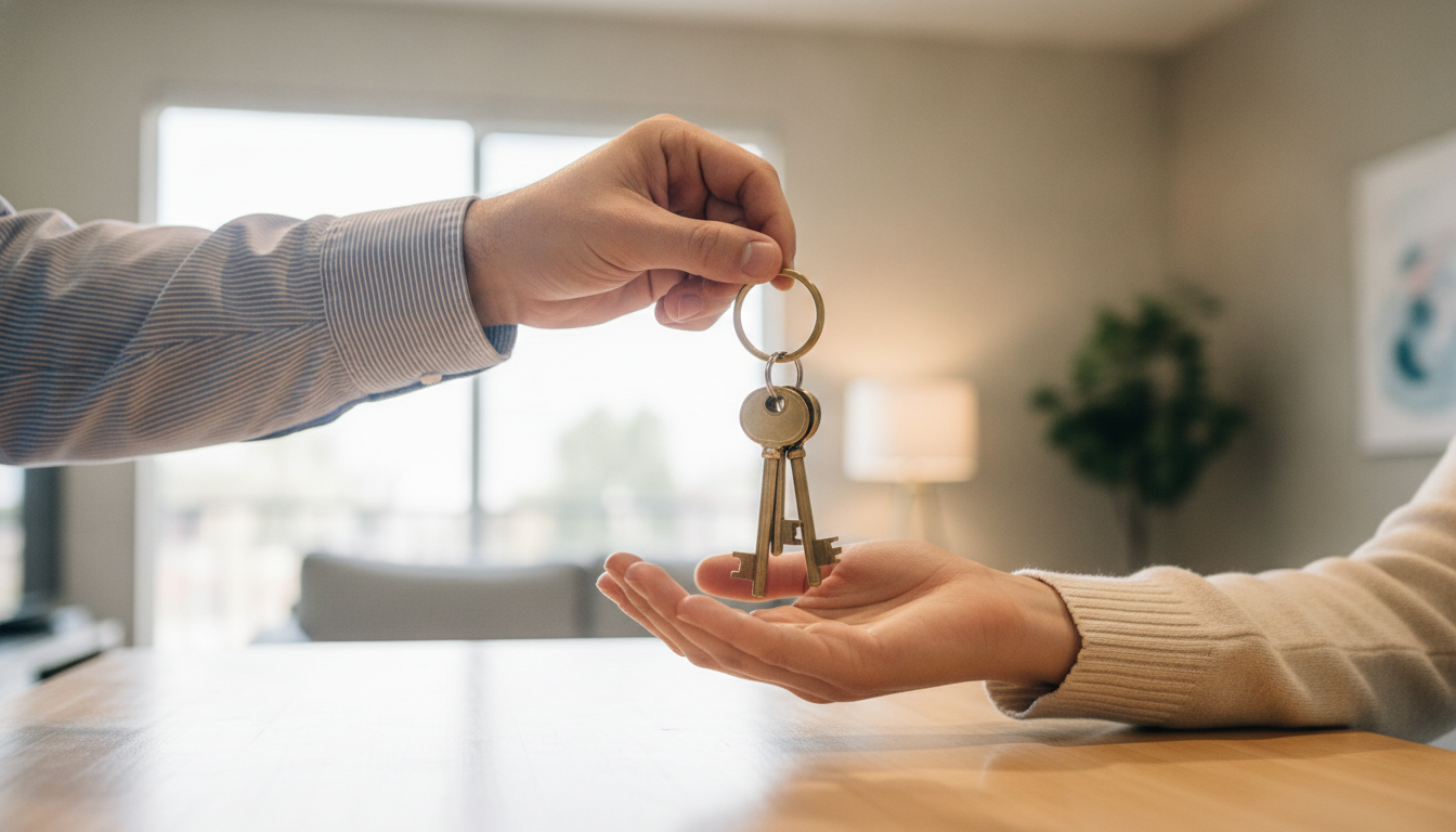 Handing house keys to a new tenant at a managed Southern California rental