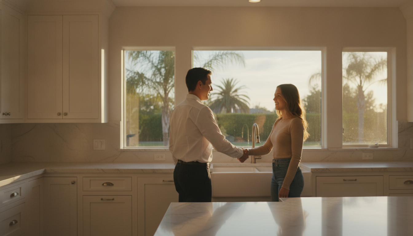 Progressive Realty agent with home buyers in a sunlit Orange County kitchen